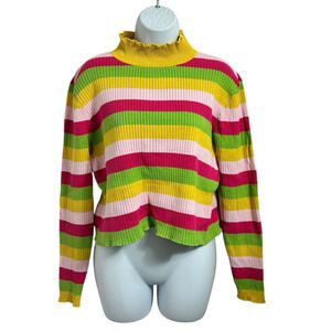Shiny By Nature Striped Ribbed Crop Top Sz 2XL Bright Colorful Long-Sleeve Shirt